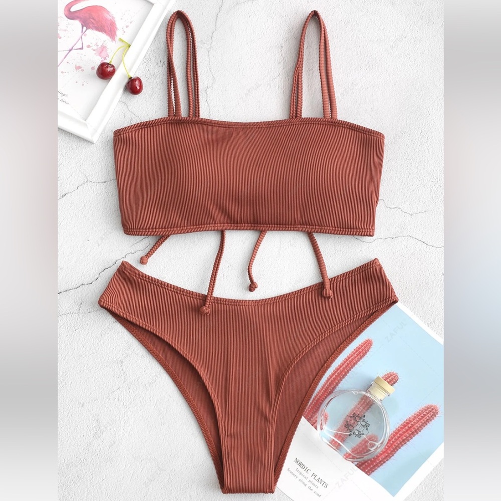 🌸NWT Cinched Textured Ribbed Bikini Swimsuit Set -Red/Brown